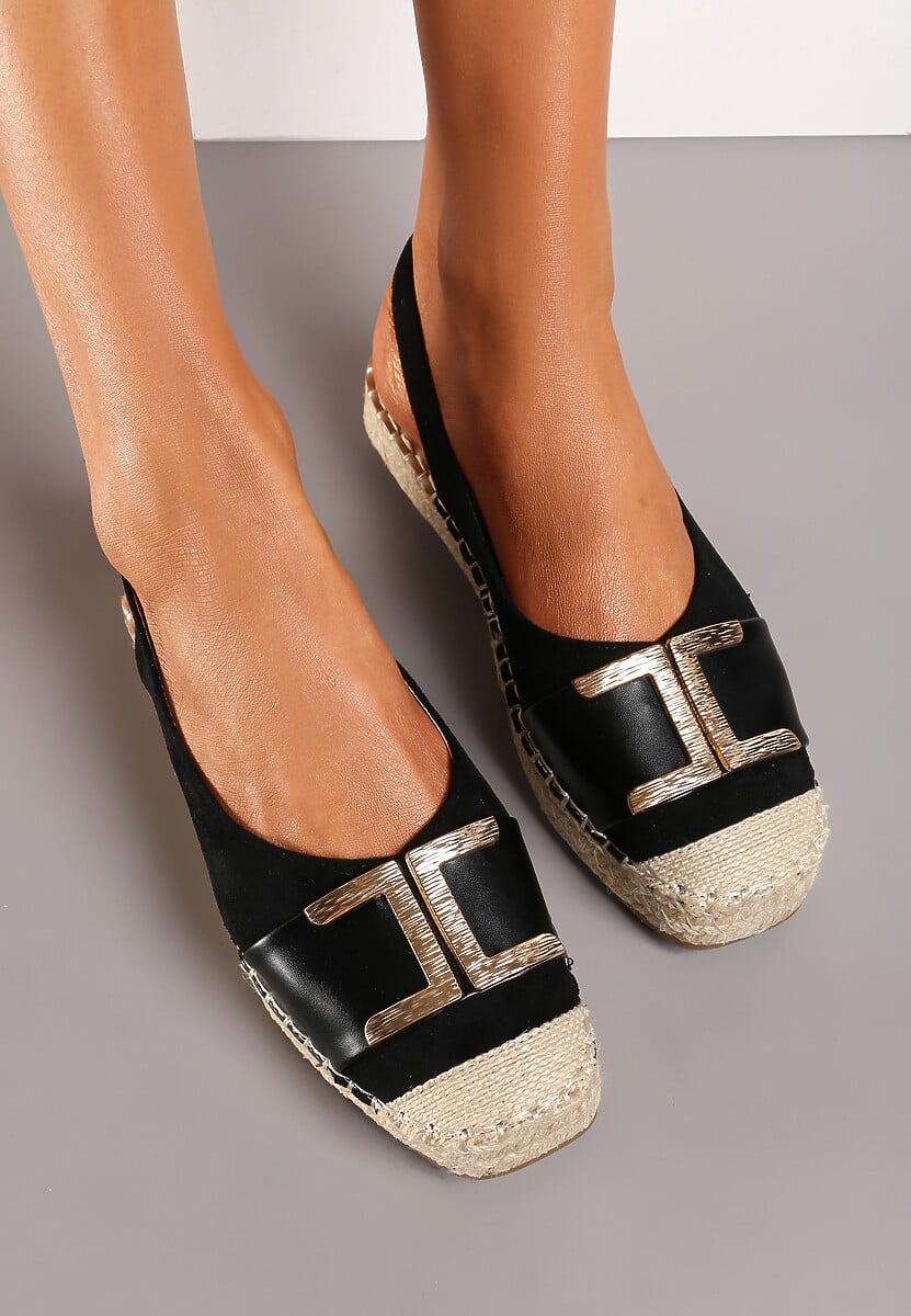 Czarne Sandały na Podeszwie z Plecionki Ozdobione Sprzączką i Metaliczną Klamrą Asdia