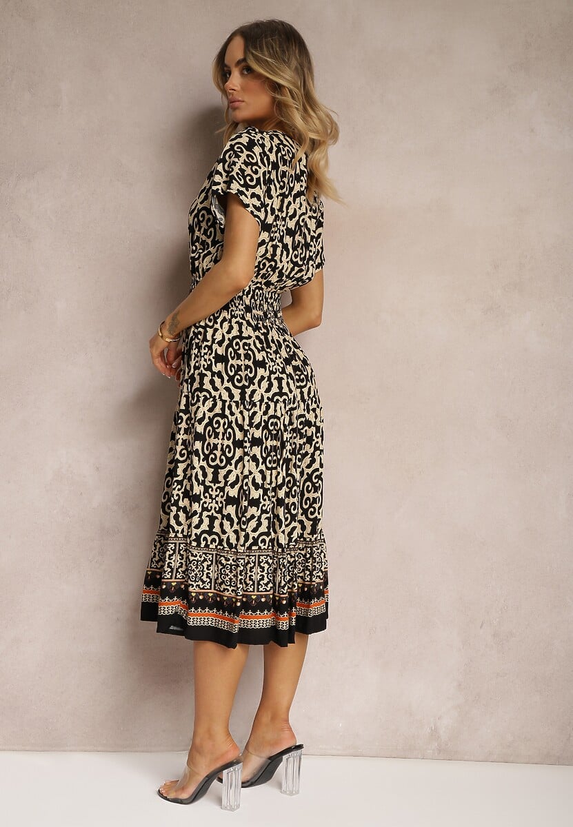 Czarno-Beżowa Sukienka z Bawełny z Trójkątnym Dekoltem i Gumką w Talii Zapinana na Guziki Lavlea