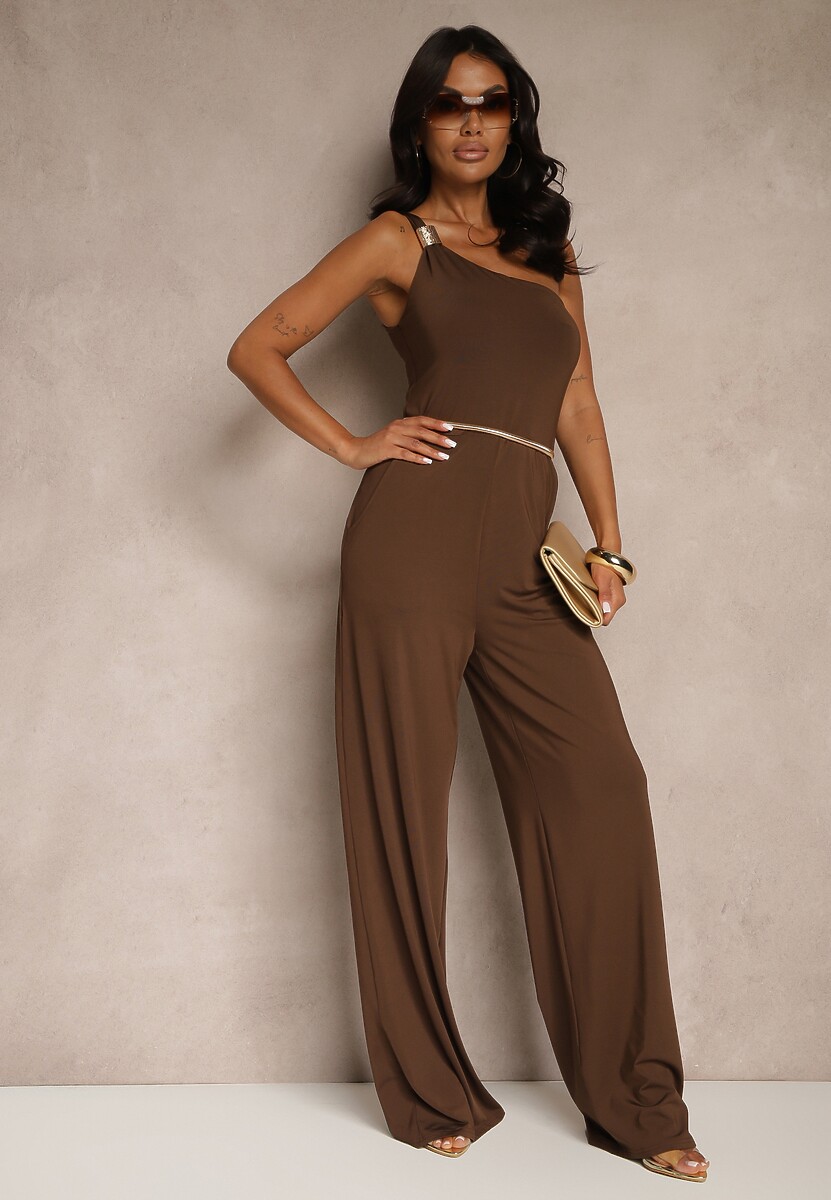 Brązowy Kombinezon Asymetryczny na Jedno Ramię z Długimi Nogawkami i Kieszeniami Efridelle