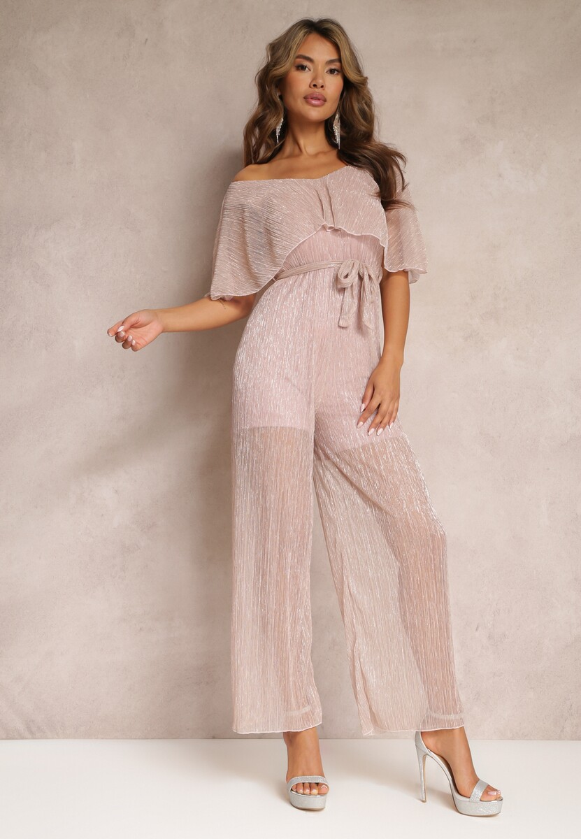 Różowy Kombinezon z Szerokimi Nogawkami i Ozdobną Narzutką Phedia