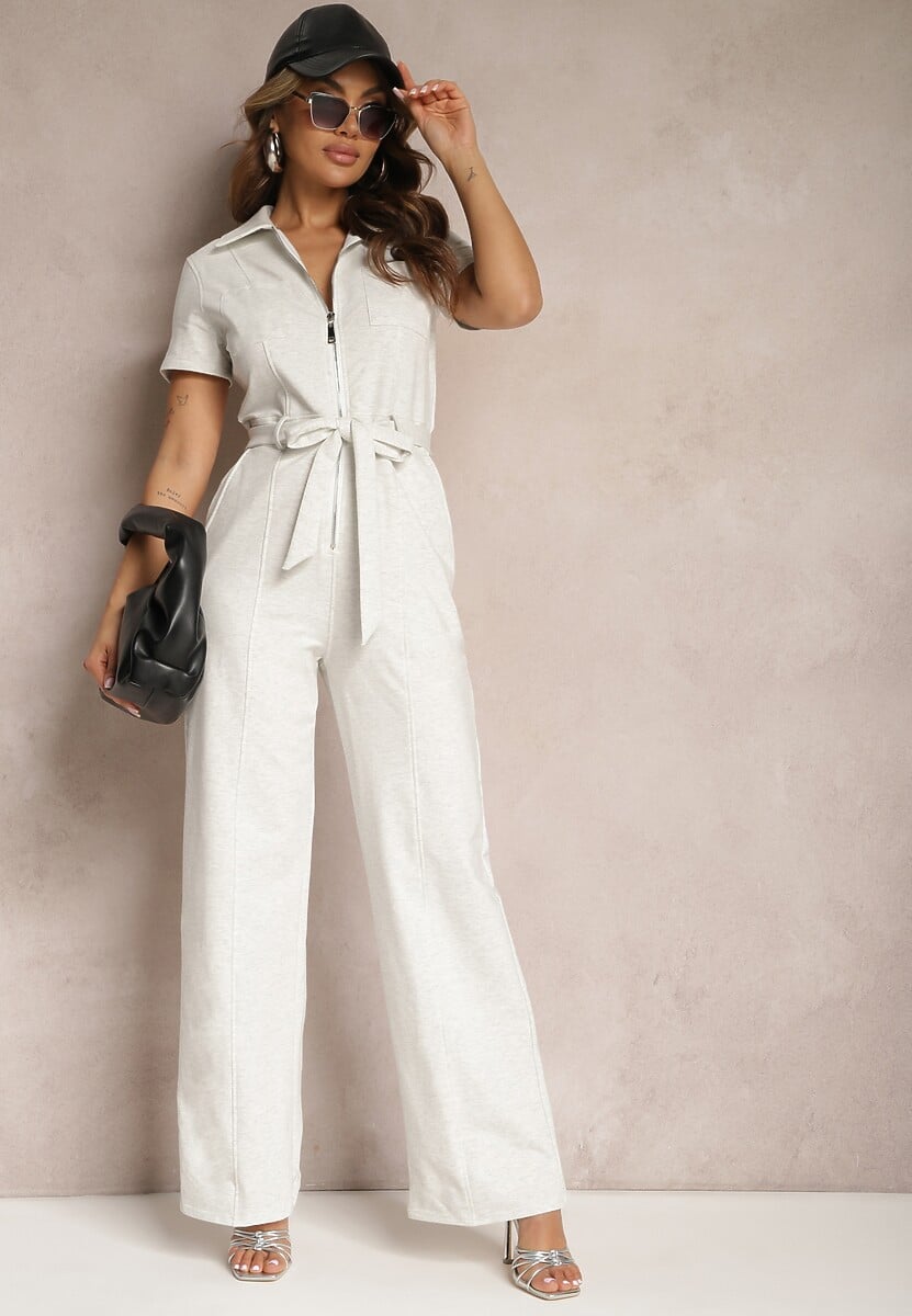 Jasnoszary Kombinezon z Elastycznej Bawełny z Suwakiem i Wiązanym Paskiem Ecatra