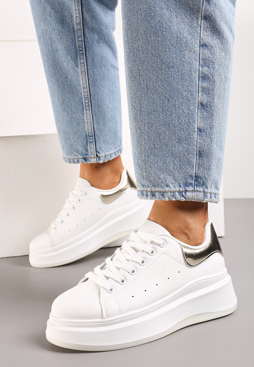 Biało-Złote Sznurowane Sneakersy z Imitacji Skóry na Platformie Filamena