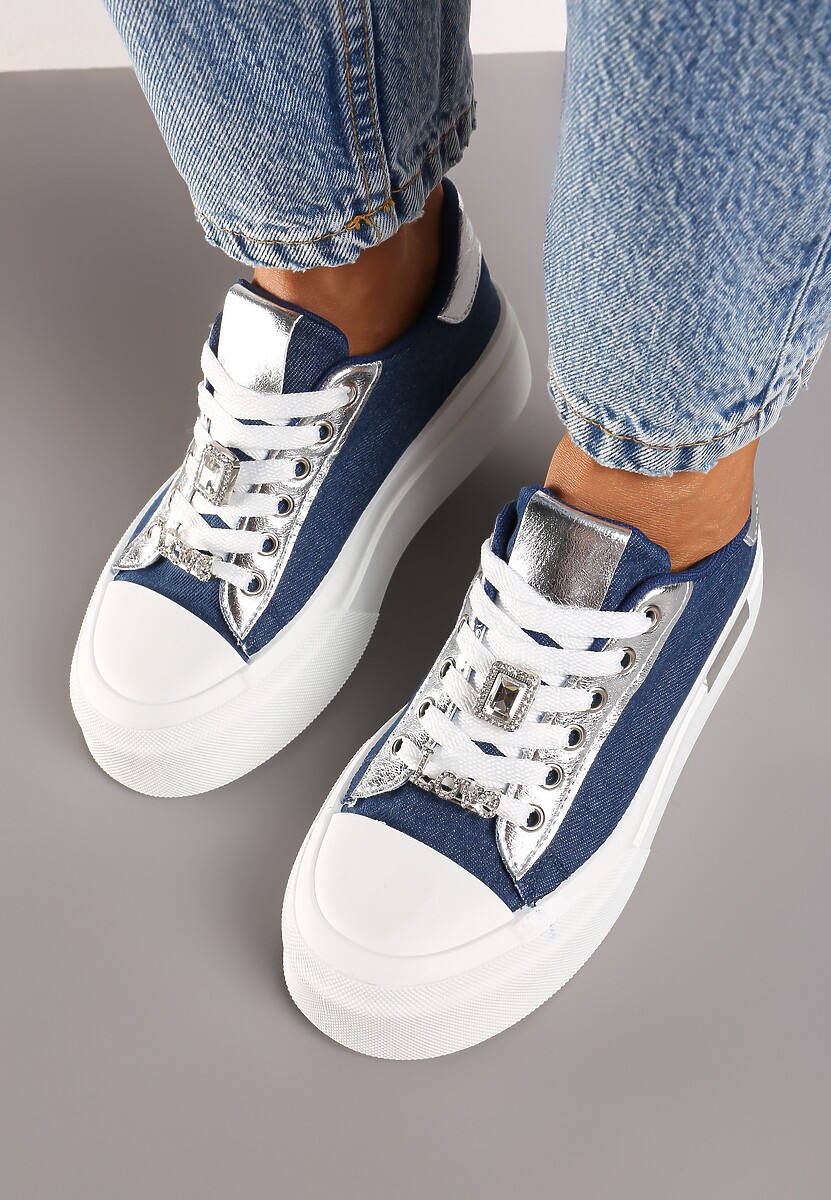 Niebieskie Casualowe Sneakersy na Platformie Ozdobione Cyrkoniami i Metalicznymi Wstawkami Primaria