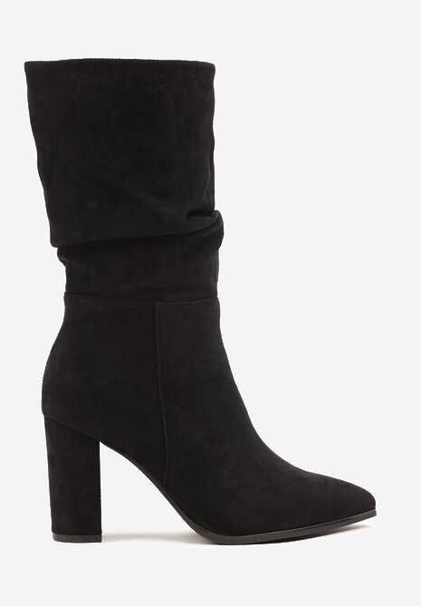 Czarne Marszczone Botki z Imitacji Zamszu na Słupkowym Obcasie Leriline
