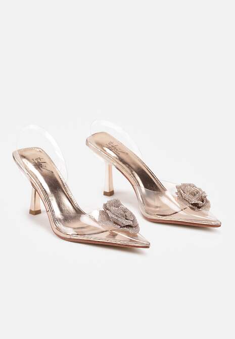 Szampańskie Czółenka na Szpilce z Transparentnymi Wstawkami i Ozdobnym Kwiatem z Cyrkoniami Arsisna