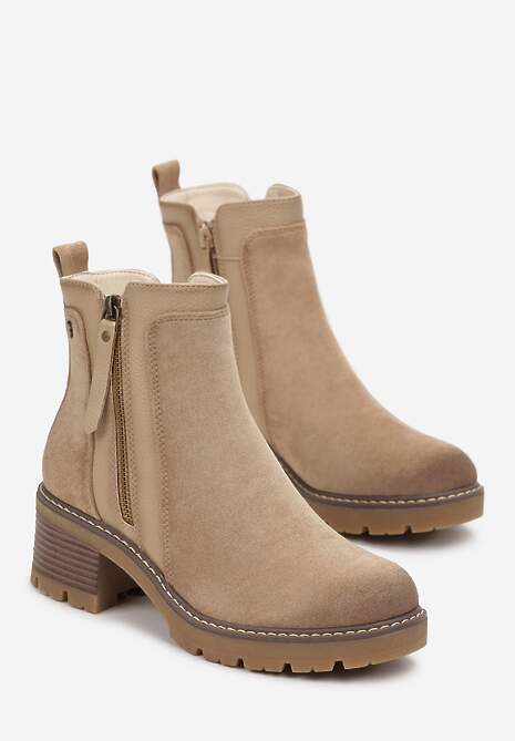 Beżowe Klasyczne Botki na Obcasie z Dekoracyjnym Suwakiem Vanim
