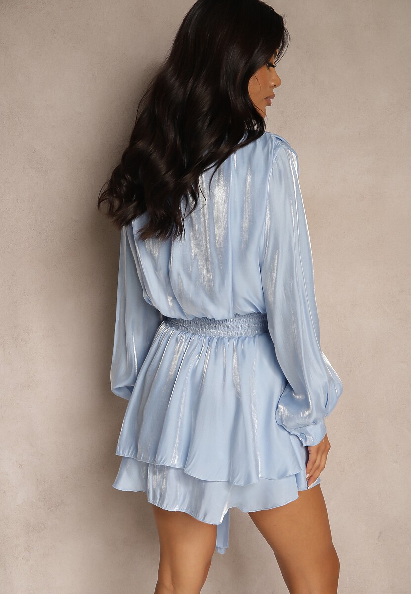 Niebieska Sukienka z Wiskozy z Falbanką i Wiązaniem Finlio