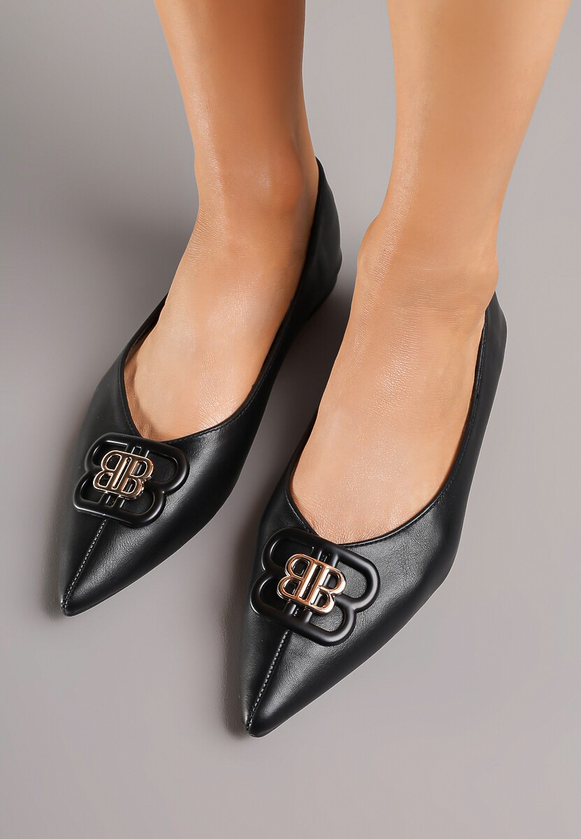Czarne Balerinki ze Szpiczastym Noskiem Zdobione Aplikacją Nalamira