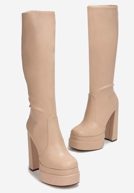 Beżowe Kozaki na Platformie i Słupku Solphin