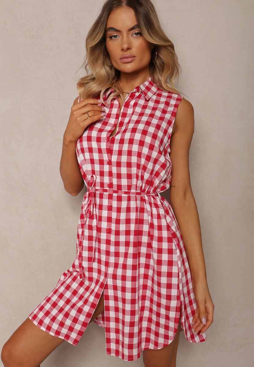 Niebieska Wiskozowa Sukienka o Koszulowym Kroju Wiązana w Pasie Rivalea