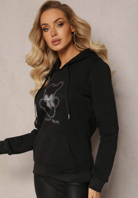 Czarna Bluza Kangurka ze Ściągaczami z Nadrukiem i Polarem Simunsa