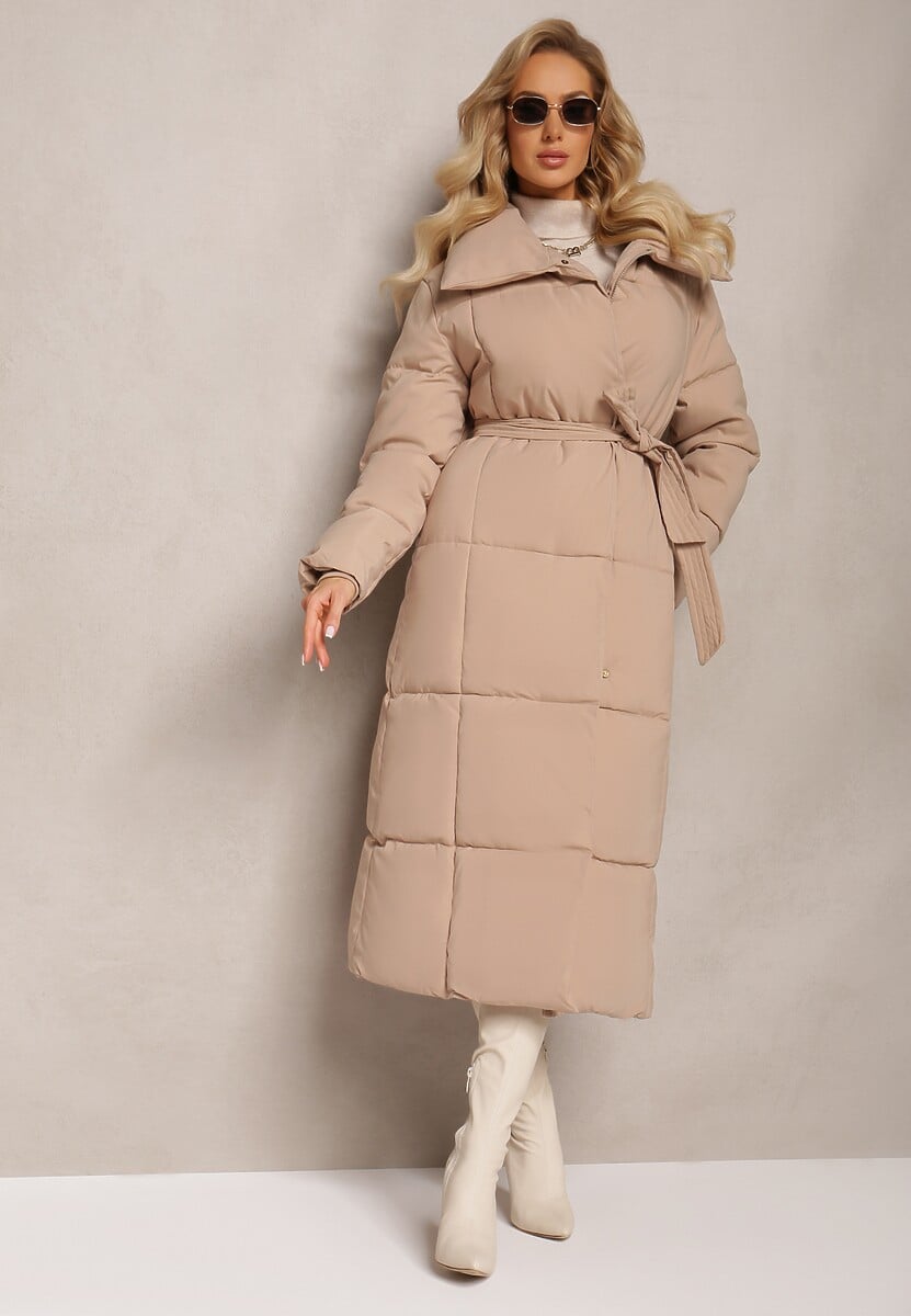 Beżowa Długa Kurtka Pikowana Płaszcz z Paskiem Adellesstta