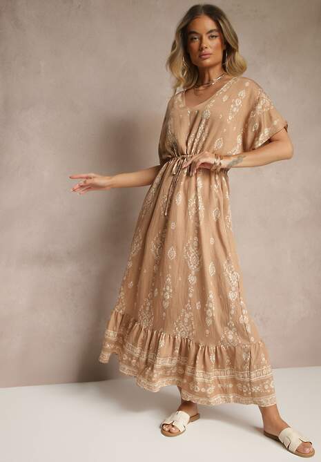 Ciemnobeżowa Rozkloszowana Sukienka z Falbanką w Print Boho z Wiskozą Tunova