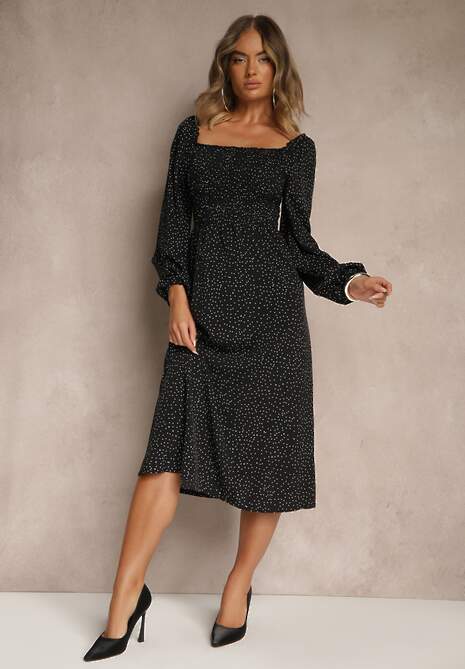 Czarna Rozkloszowana Sukienka Midi w Kropki z Hiszpańskim Dekoltem Lusena