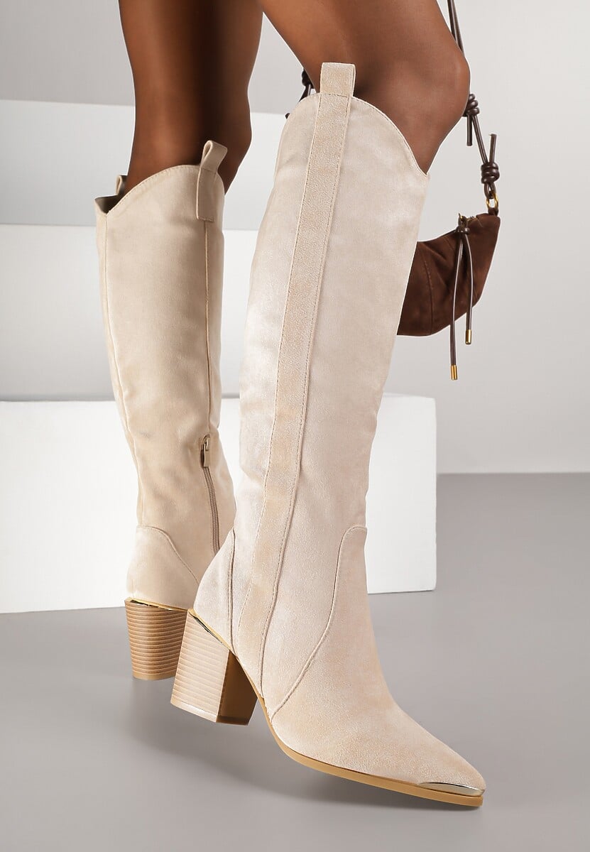 Beżowe Kozaki Kowbojki przed Kolano z Metalicznym Noskiem Caspianna