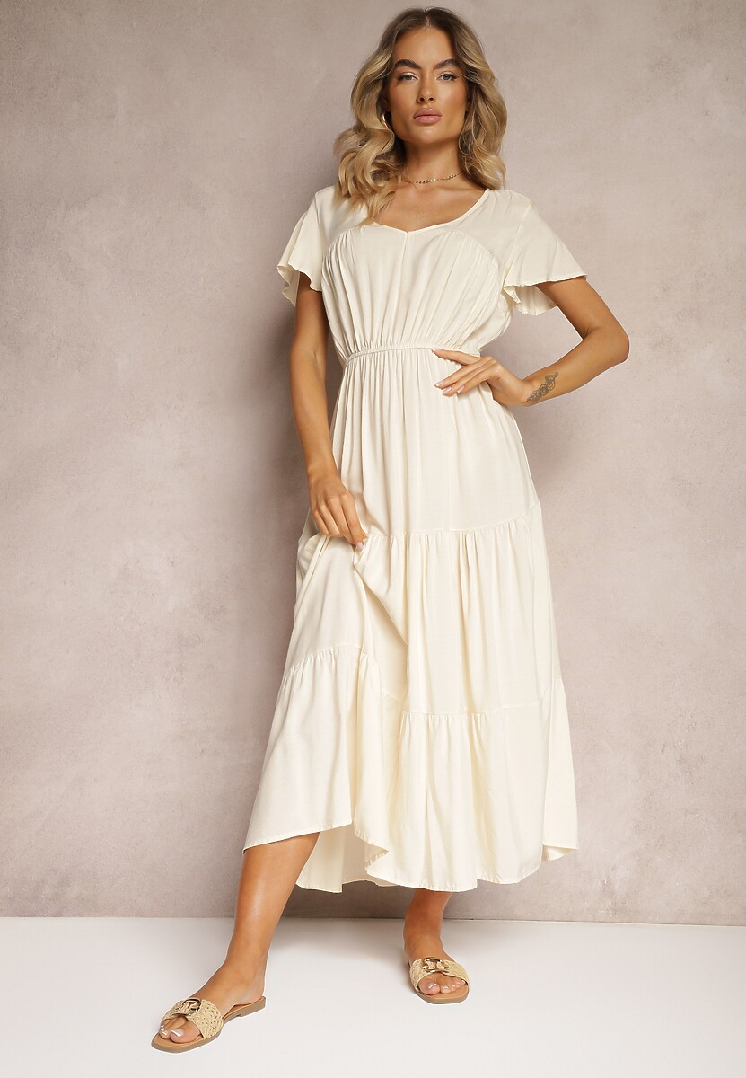 Jasnobeżowa Sukienka z Wiskozy o Rozkloszowanym Kroju z Falbanami Jonmy