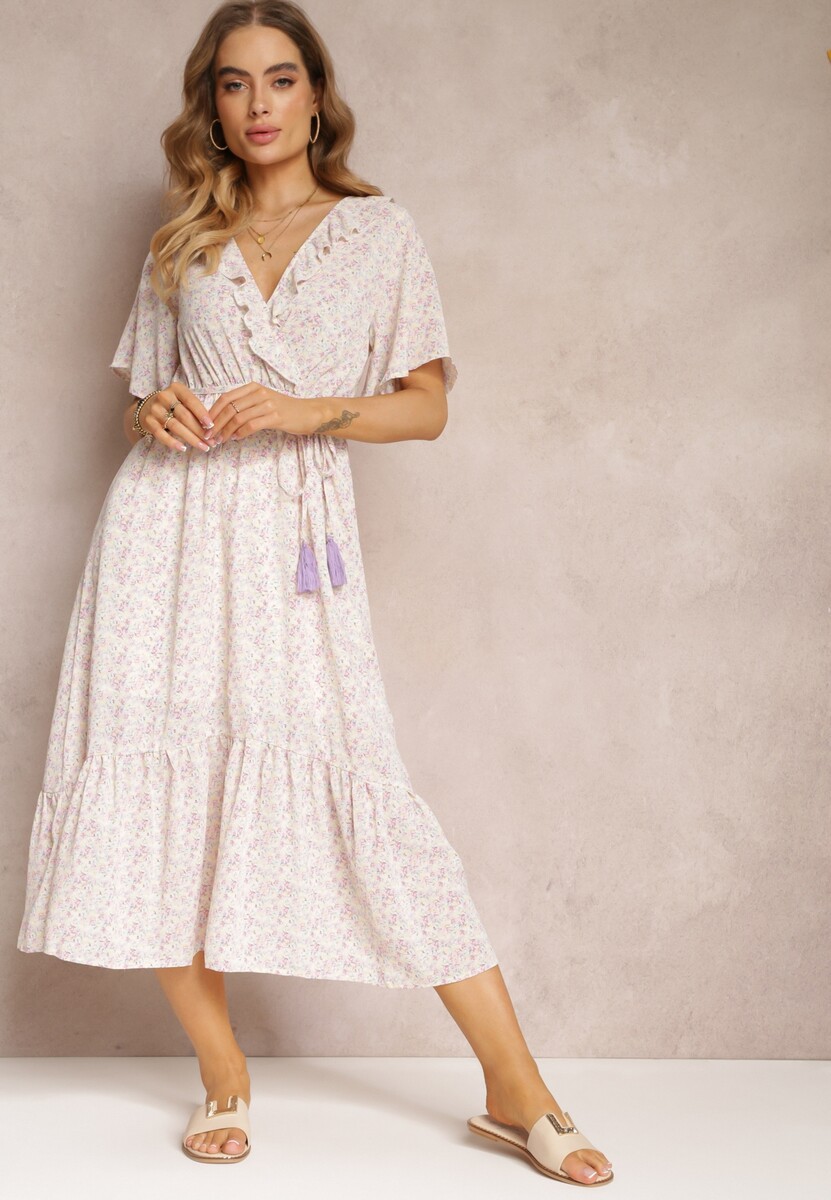 Różowo-Miętowa Sukienka Midi z Falbankami Kopertowym Dekoltem i Gumką w Pasie Denila