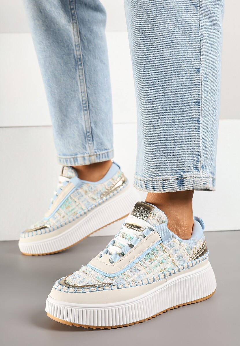 Biało-Różowe Sneakersy z Tweedowymi Zdobieniami i Przeszyciami na Platformie Ulandrelia