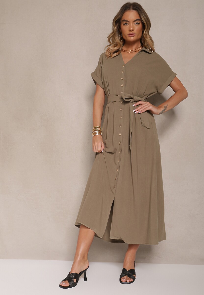 Ciemnozielona Sukienka z Wiskozy i Lnu o Koszulowym Kroju z Paskiem Efralissea