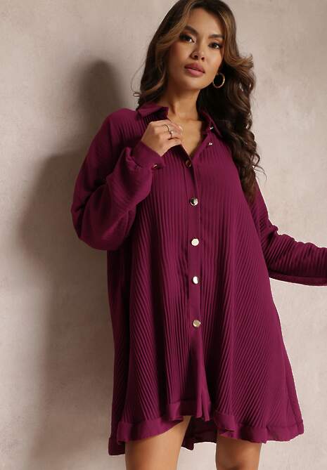 Fioletowa Sukienka Koszulowa Plisowana Giiphi