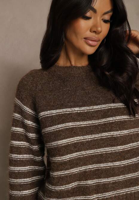 Brązowy Sweter z Dodatkiem Wełny Ozdobiony Paskami Liatella