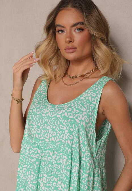 Zielona Rozkloszowana Sukienka z Bawełny z Abstrakcyjnym Wzorem Dorlio