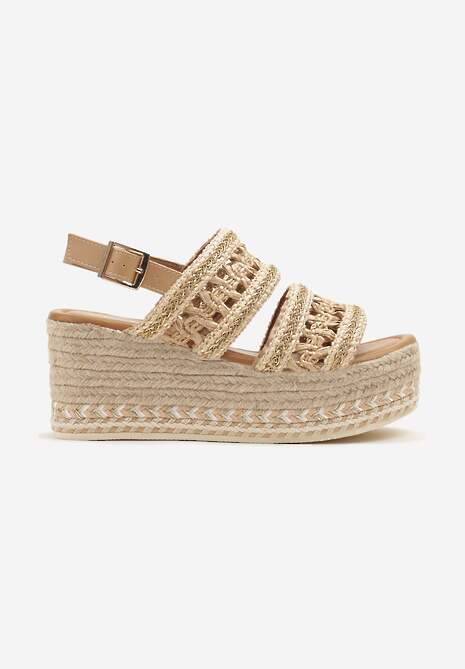 Beżowe Sandały na Plecionym Koturnie z Wycięciami i Sprzączką Liaorine