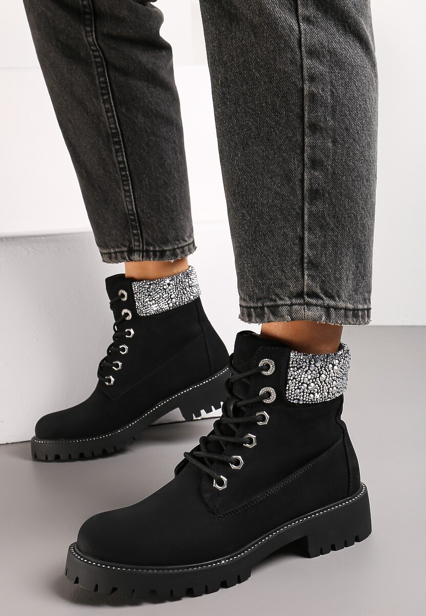 Beżowe Botki Traperki na Płaskiej Podeszwie z Przeszyciami i Cyrkoniami Flurella