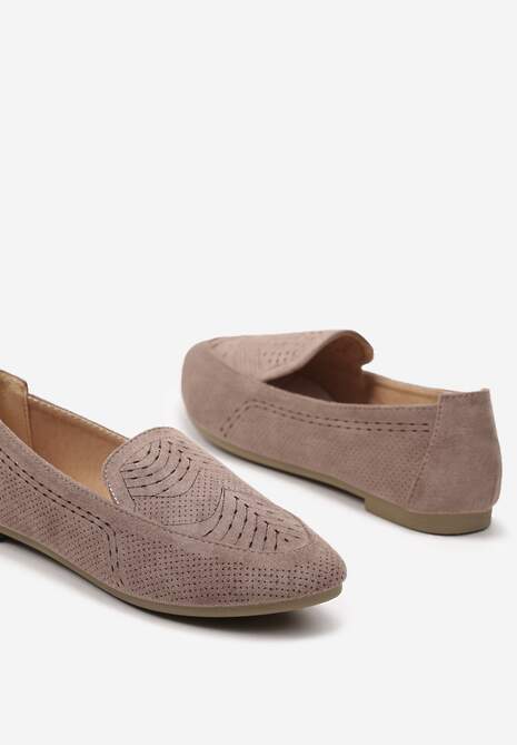 Ciemnobeżowe Ażurowe Mokasyny Balerinki z Wkładką ze Skóry Naturalnej Ollana