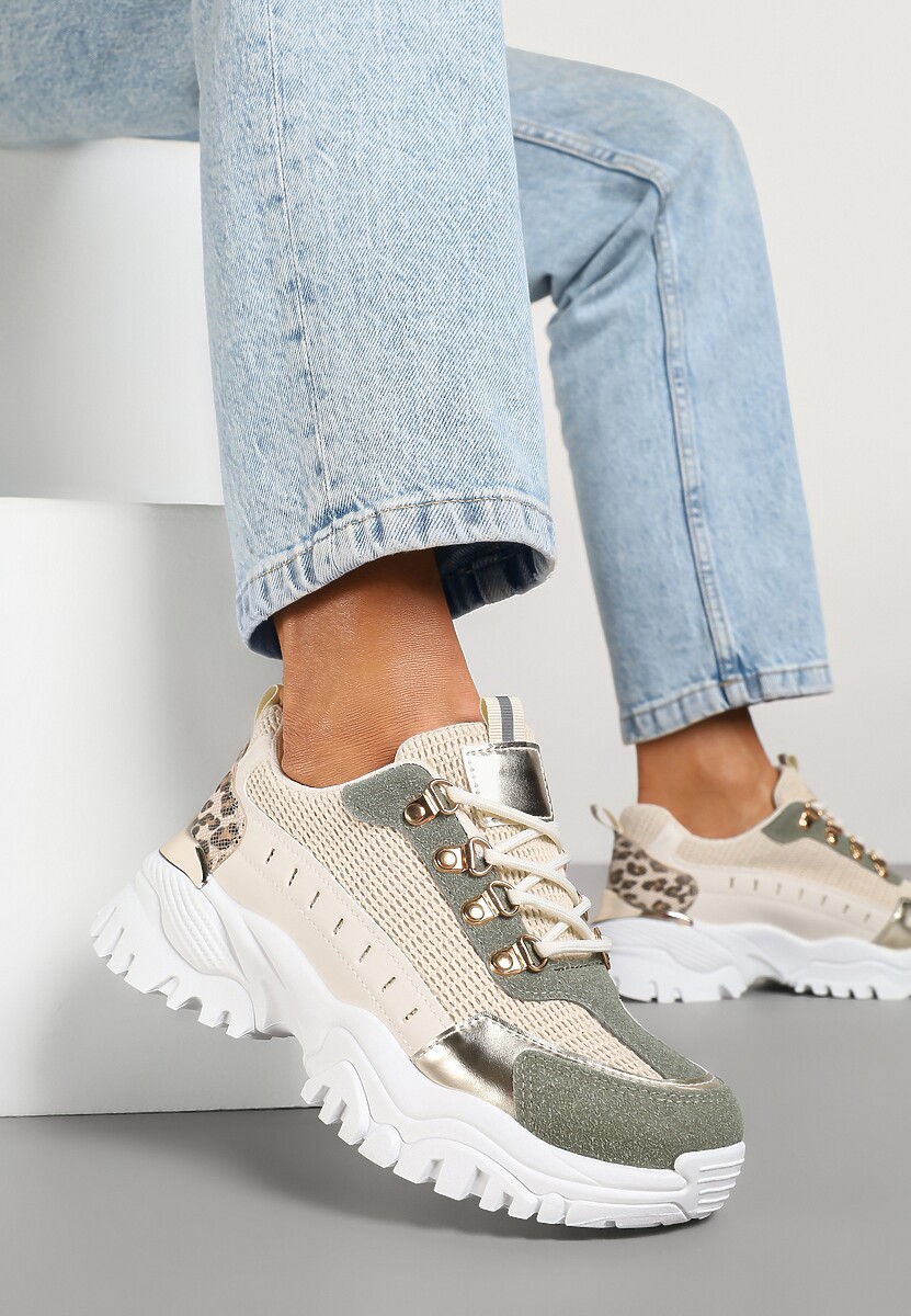 Beżowo-Zielone Sneakersy w Steetwearowym Stylu na Tłoczonej Platformie Ozdobione Wzorem w Panterkę Gonavielle