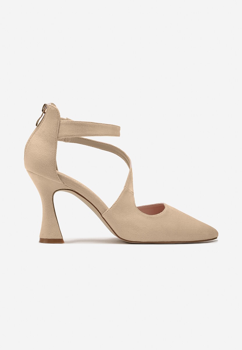 Beżowe Czółenka na Obcasie Typu Klepsydra ze Skośnymi Paskami Enollia