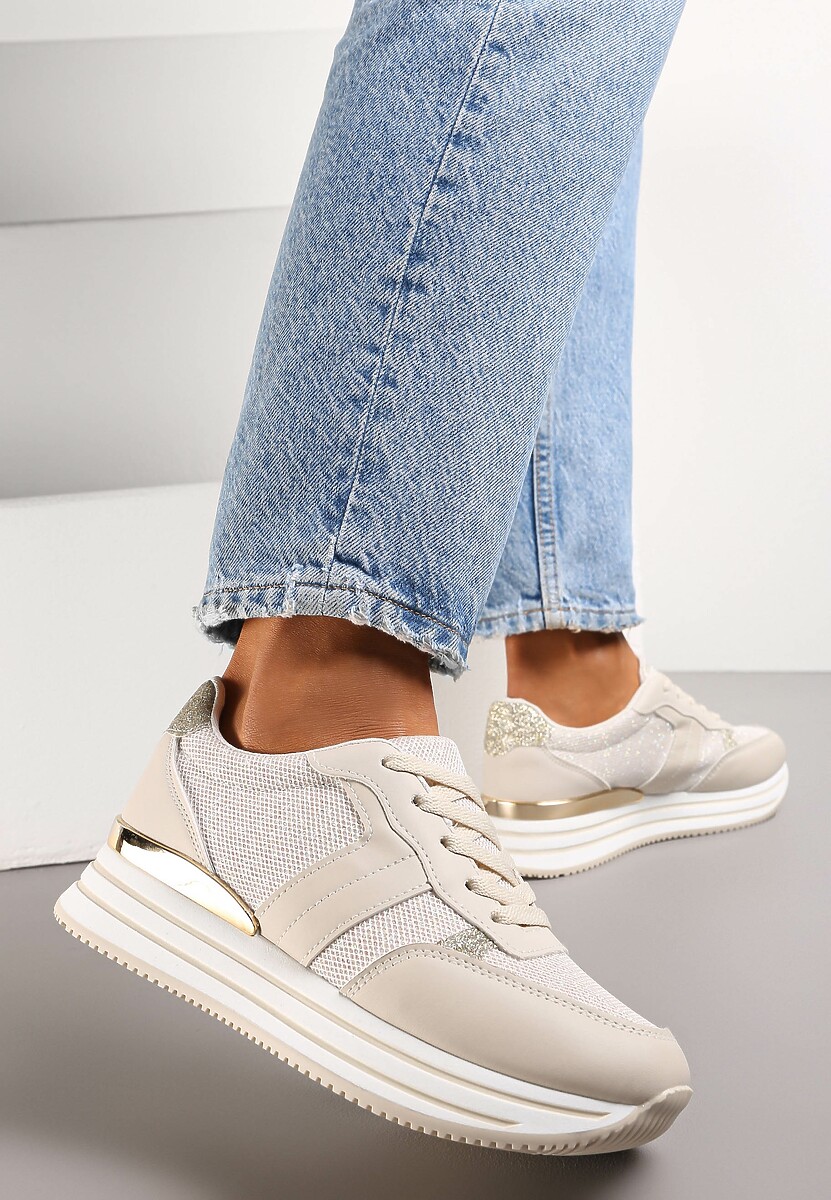 Beżowe Sneakersy na Grubej Podeszwie Ozdobione Brokatem Moneya