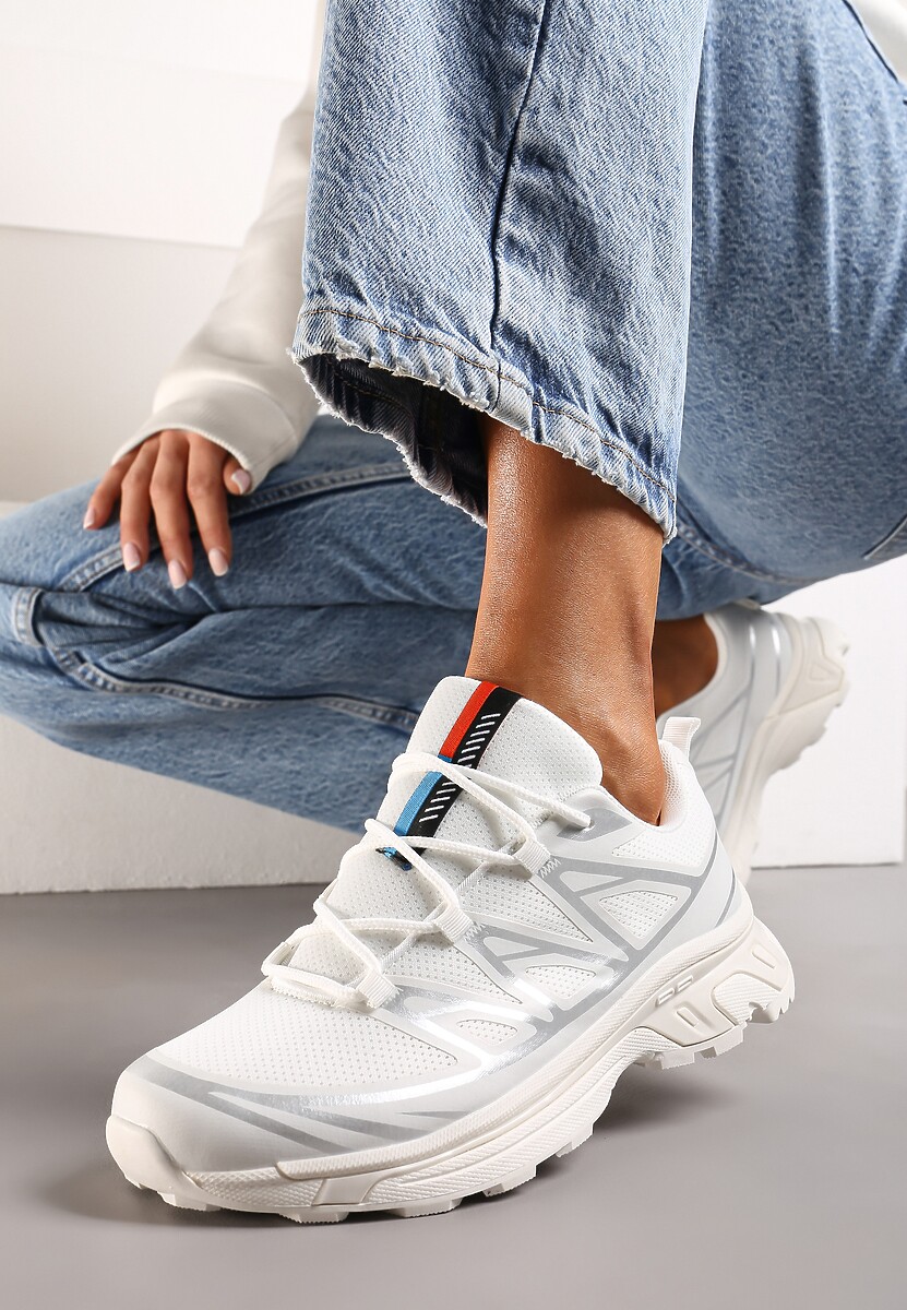 Biało-Srebrne Sneakersy z Ozdobnymi Wstawkami i Ściąganą Gumką Aineri
