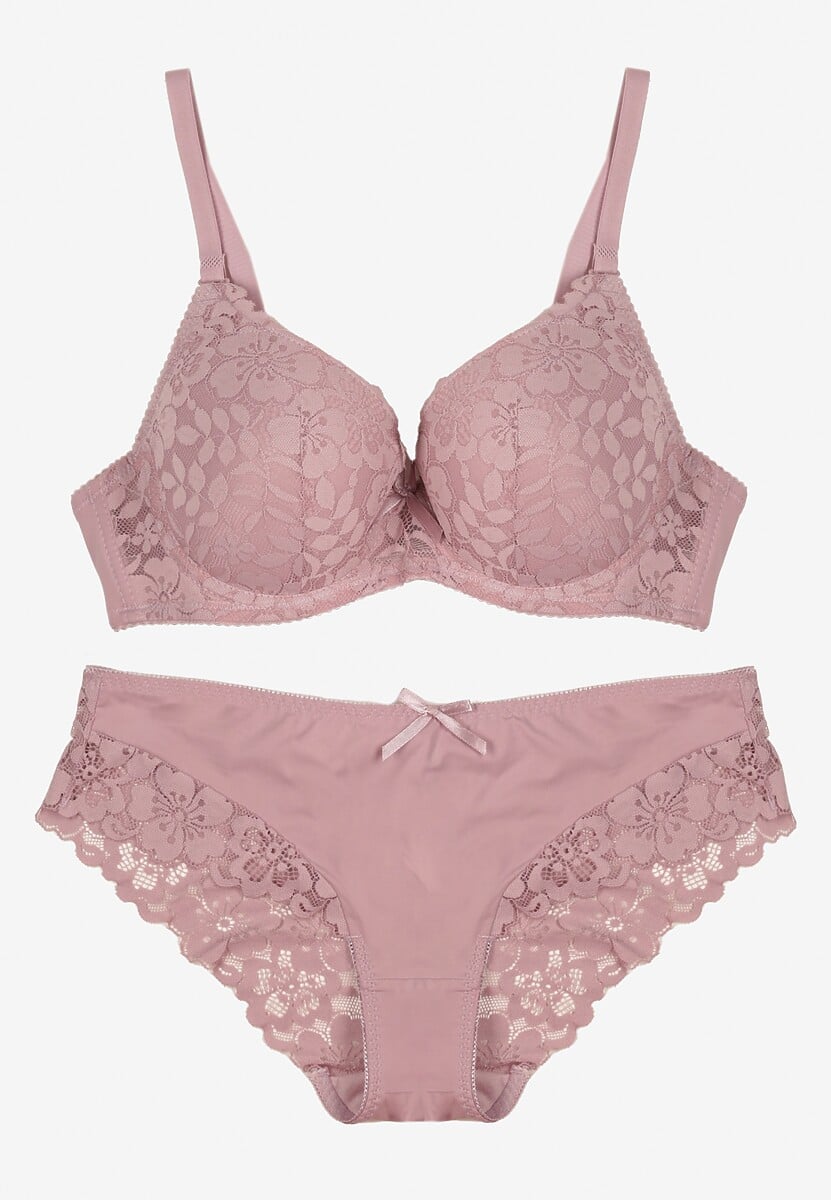 Jasnofioletowy Koronkowy Komplet Majtki Figi i Biustonosz Eziselle