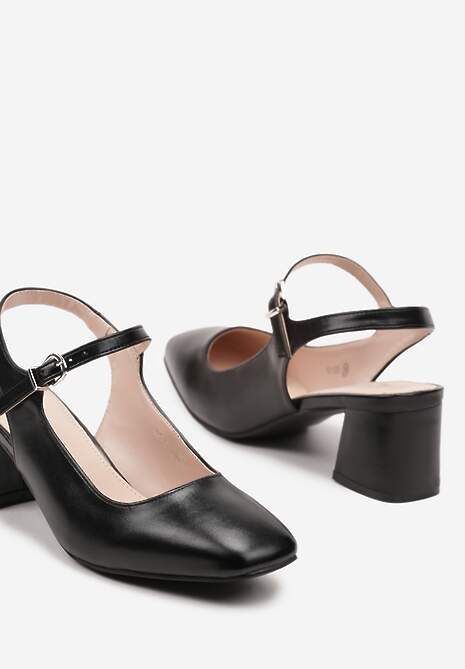 Czarne Czółenka na Słupku Wykończone Kwadratowym Noskiem bez Pięty Tinadoria