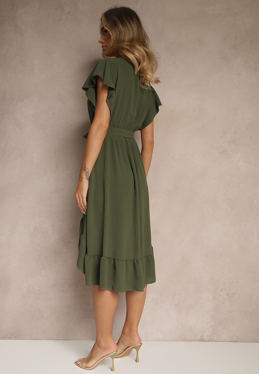 Ciemnozielona Sukienka o Rozkloszowanym Kroju z Paskiem i Falbanką Nativese