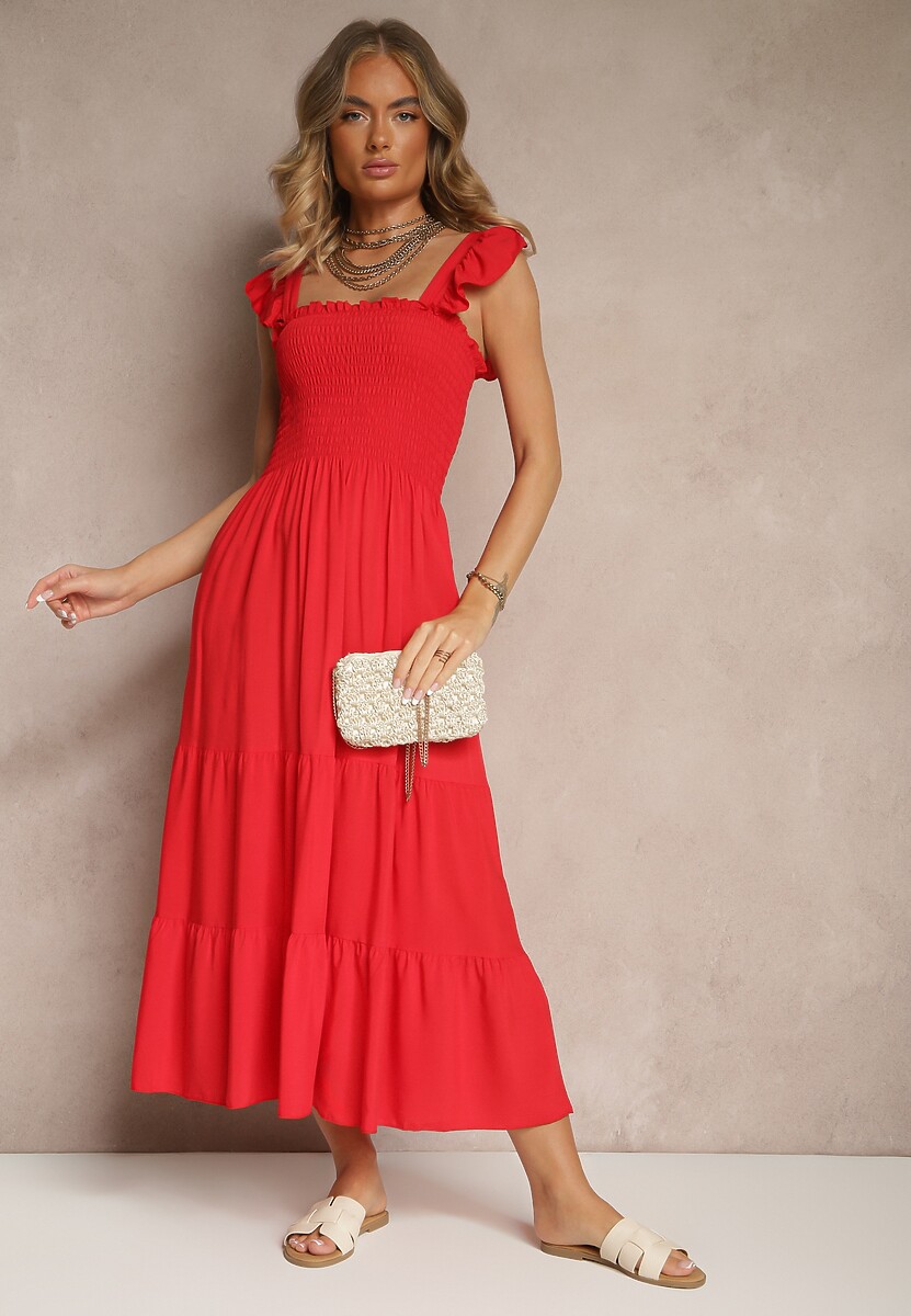 Czerwona Sukienka z Bawełny na Ramiączkach Ozdobiona Falbanami i Gumkami Mevalys