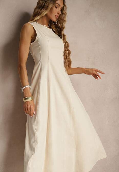 Jasnobeżowa Sukienka z Wiskozą o Rozkloszowanym Kroju Bez Rękawów Barneria