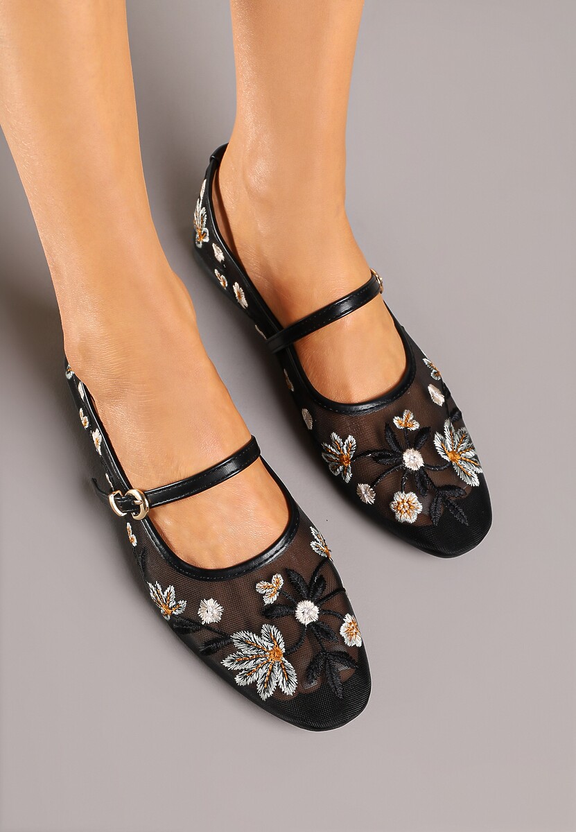 Czarne Balerinki z Siateczki w Stylu Mary Jane Zdobione Kwiatowym Haftem Nitelissa