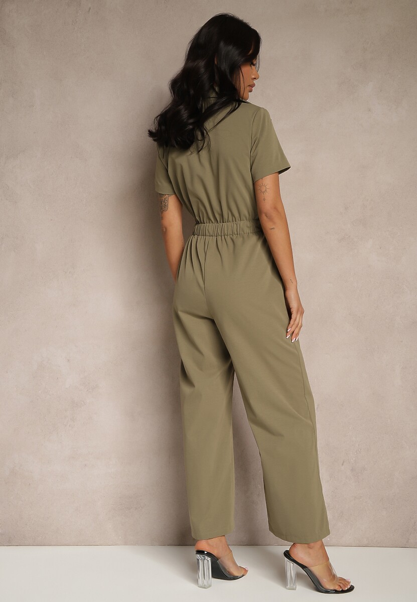 Ciemnozielony Kombinezon Wide Leg z Kołnierzykiem Suwakiem i Krótkim Rękawem Jenaralitia