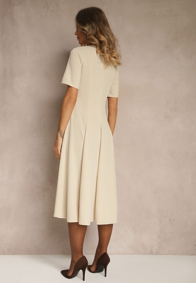 Beżowa Sukienka Rozkloszowana o Taliowanym Fasonie Telaswena