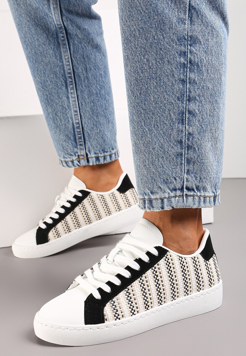 Biało-Czarne Sznurowane Sneakersy z Materiałową Wstawką i Okrągłym Noskiem Bowlie