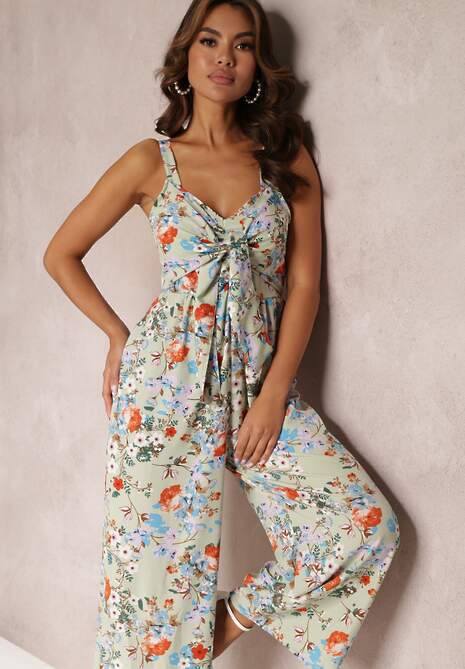 Jasnozielony Kombinezon z Szerokimi Nogawkami i Wiązaniem Przy Dekolcie Gloryhallo