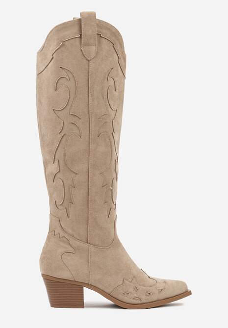 Ciemnobeżowe Kozaki Kowbojki na Stożku w Klasycznym Stylu Nalinda