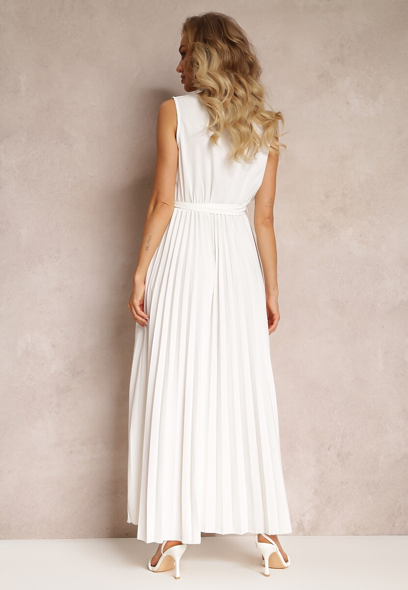 Biała Rozkloszowana Sukienka Maxi z Plisowanym Dołem i Gumką w Talii Sare