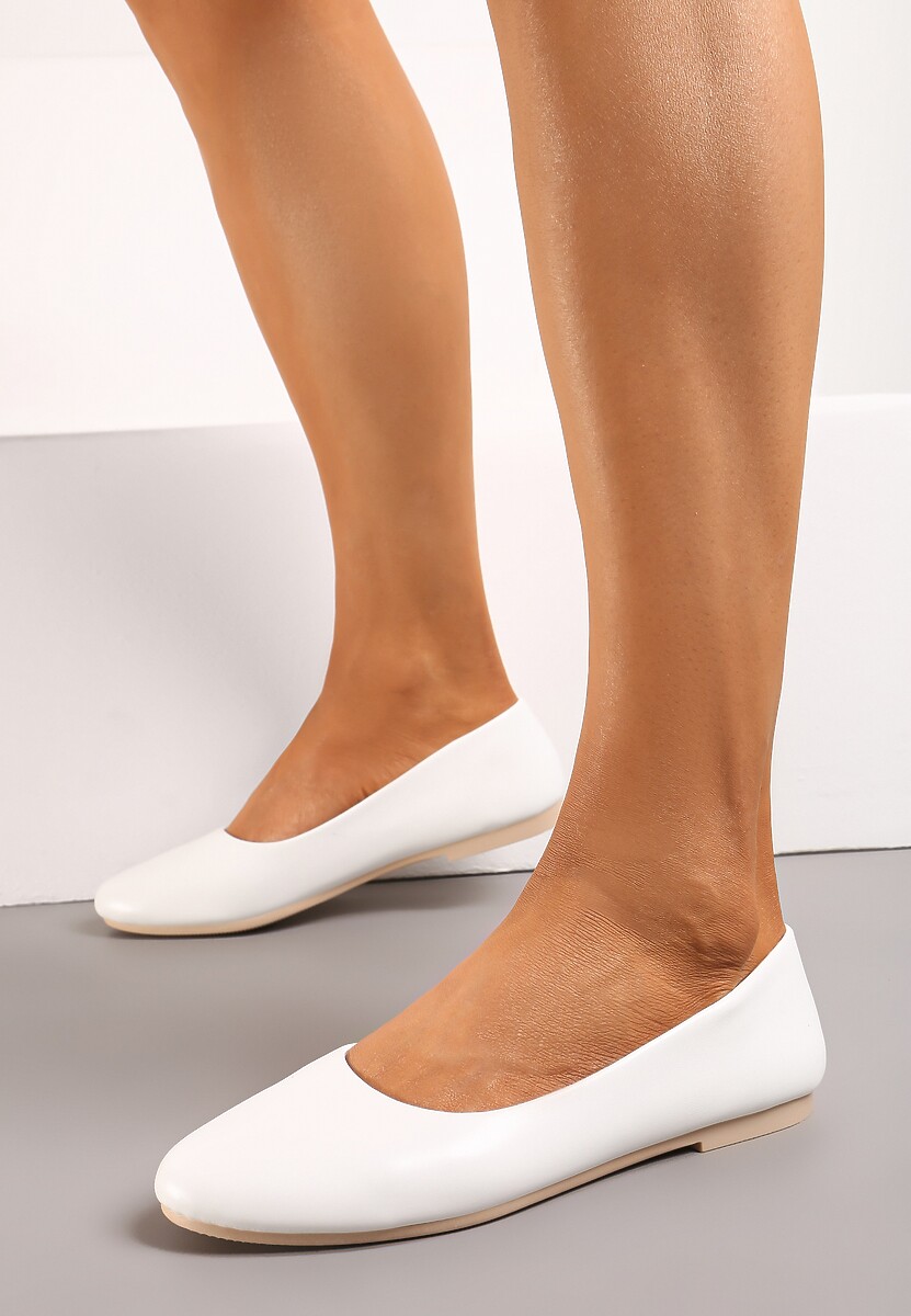 Białe Płaskie Balerinki z Imitacji Skóry Wsuwane z Okrągłym Noskiem  Jemenna