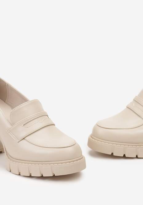 Beżowe Półbuty z Imitacji Skóry na Słupku z Platformą z Okrągłym Noskiem i Przeszyciami Dravinnia