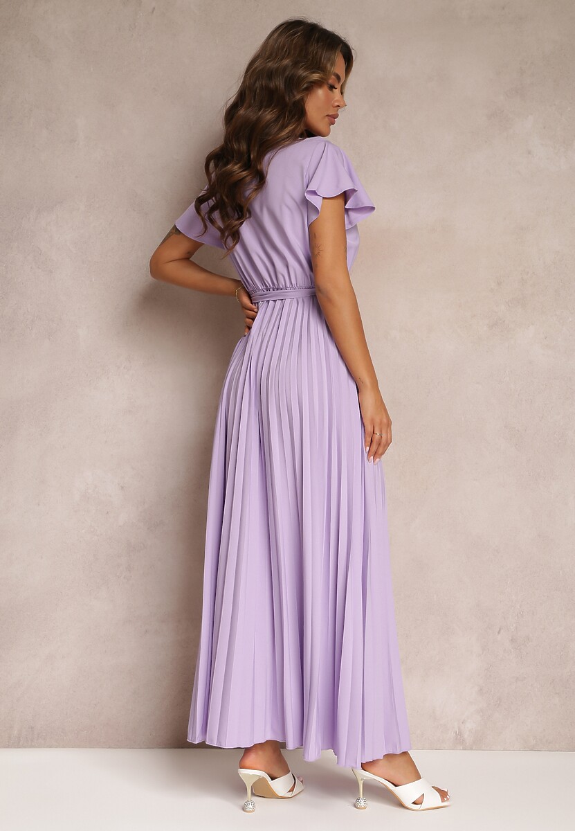 Fioletowa Koktajlowa Maxi Sukienka Ozdobiona Plisami z Trójkątnym Dekoltem i Wiązaniem w Talii Phoelia