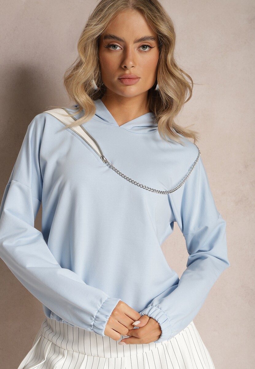 Niebieska Asymetryczna Bluza z Bawełny z Kapturem i Ozdobnym Suwakiem Lueur