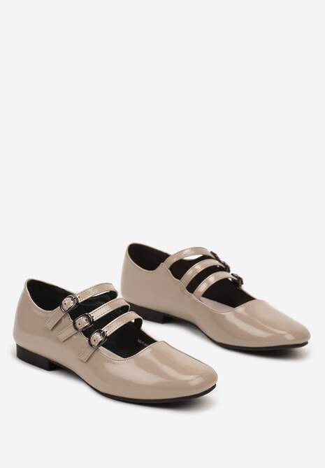 Beżowe Balerinki z Wkładką ze Skóry Naturalnej z Eleganckimi Paseczkami i Sprzączkami Vaivonne